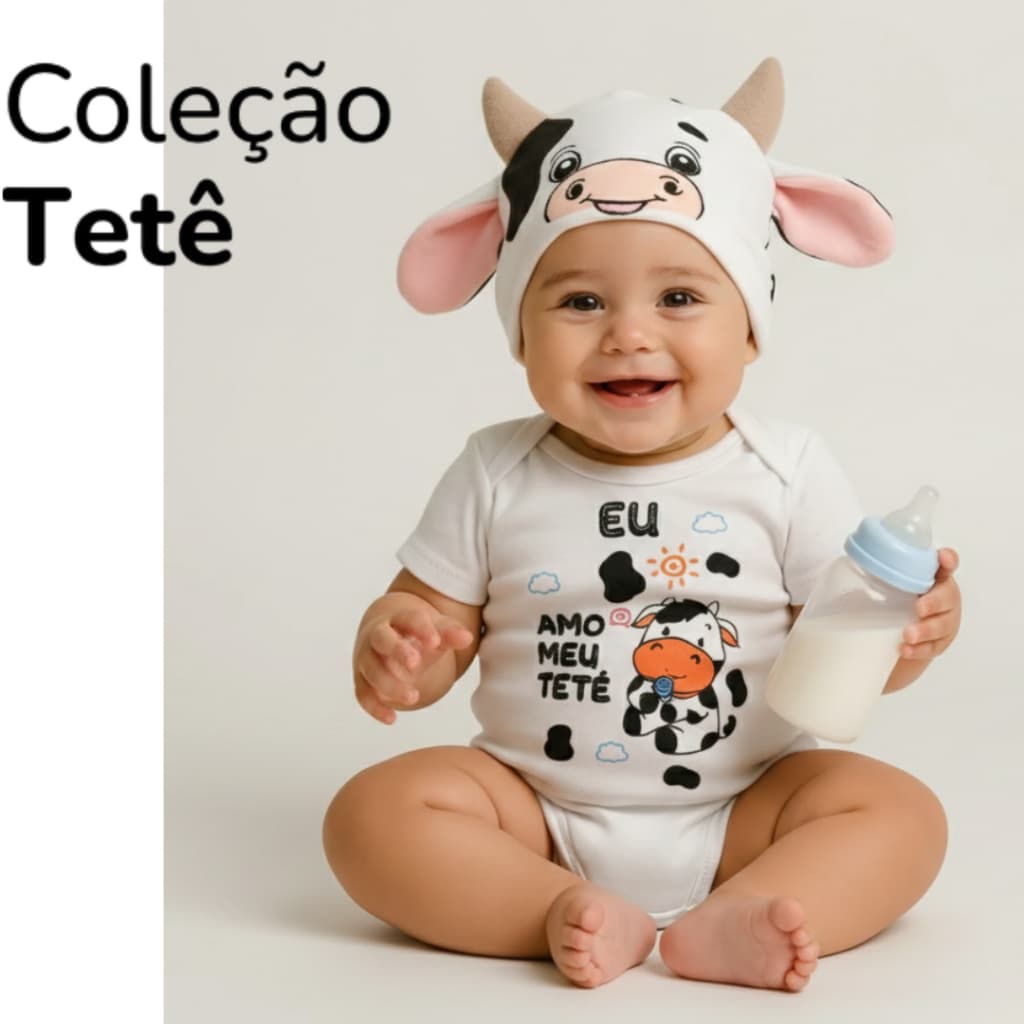 Body Bebê Temático Meu tete Vaquinha fazendinha Mesversario animais– 100% Algodão, Manga Curta