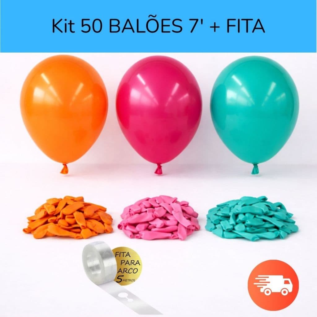 Kit 50 Balões Tardezinha Laranja + Pink +Tiffany + Fita para Arco - Bexigas 7 Polegadas