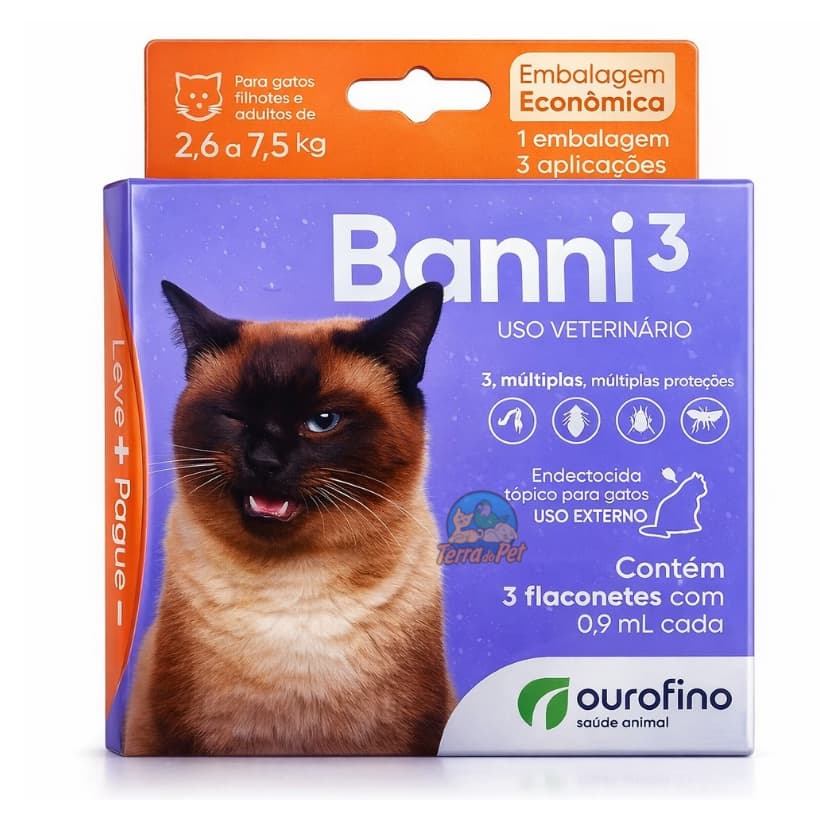 Kit com 3 Antipulgas Sarna Vermifugo Gatos Banni 3 Ourofino 2,6 A 7,5kg