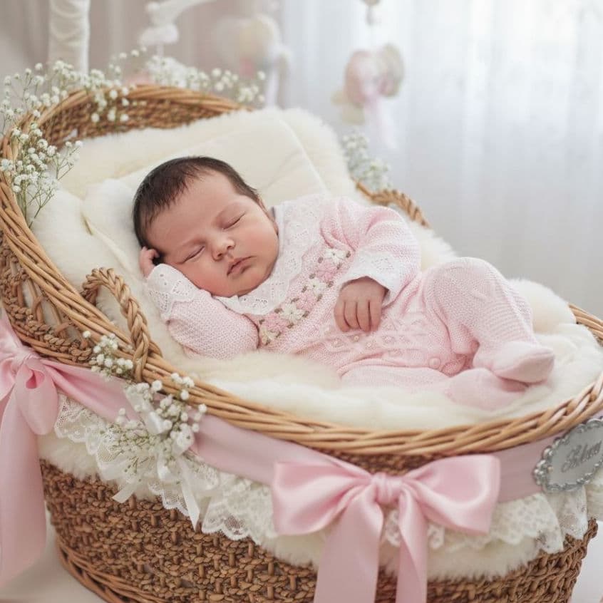 Saída de Maternidade Luxo Tricô Menina Macacão bordado e detalhes em pérolas e Manta trabalhada