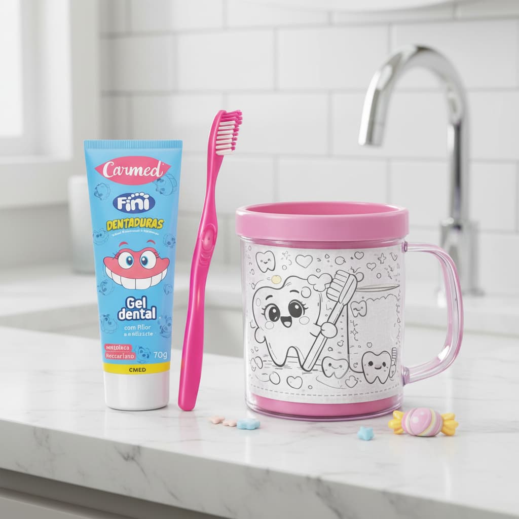 Kit Dental Infantil Carmed Fini Dentadura 70g com Flúor Escova e Caneca para Colorir Incentiva Escovação Kids