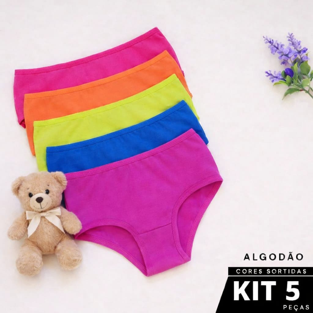 Kit 5 Calcinha Infantil em Cotton Algodão Confortável Calçolinha Juvenil Cctton Algodão