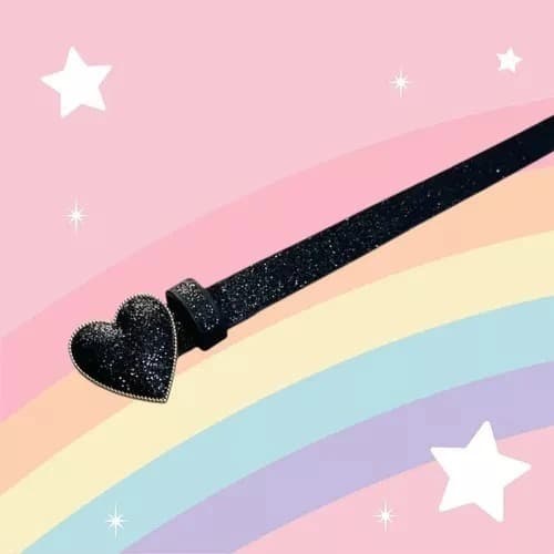 Cinto Moda Kids Infantil Fivela de Coração Com Brilhos Glitter Cor Preto