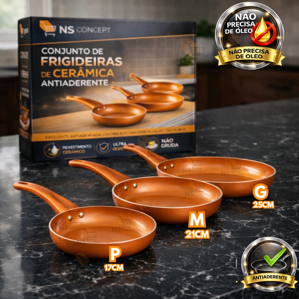 Jogo Frigideiras de Cerâmica Antiaderente 17CM 21CM 25CM Cobre Premium Cabo Ergonômico Revestimento Durável Cozinha