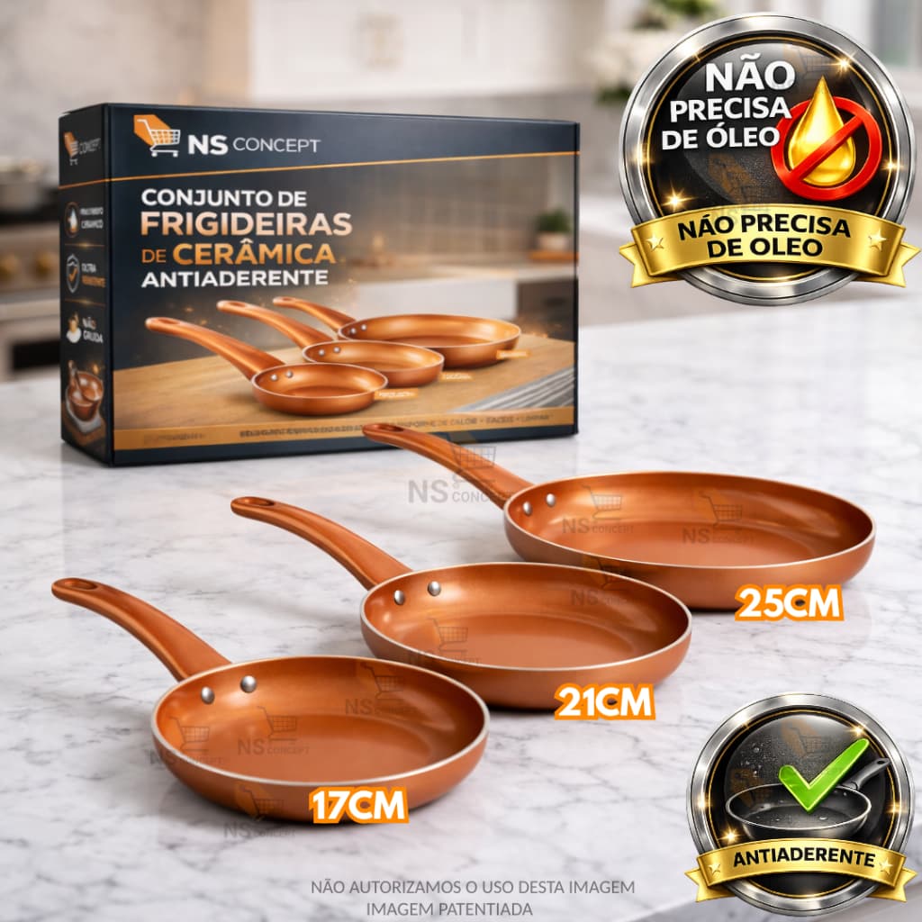 Conjunto Frigideiras Antiaderente Revestimento Cerâmico 17CM,21CM,25CM Funda Cobre Premium, Não Gruda Dieta Sem Óleo