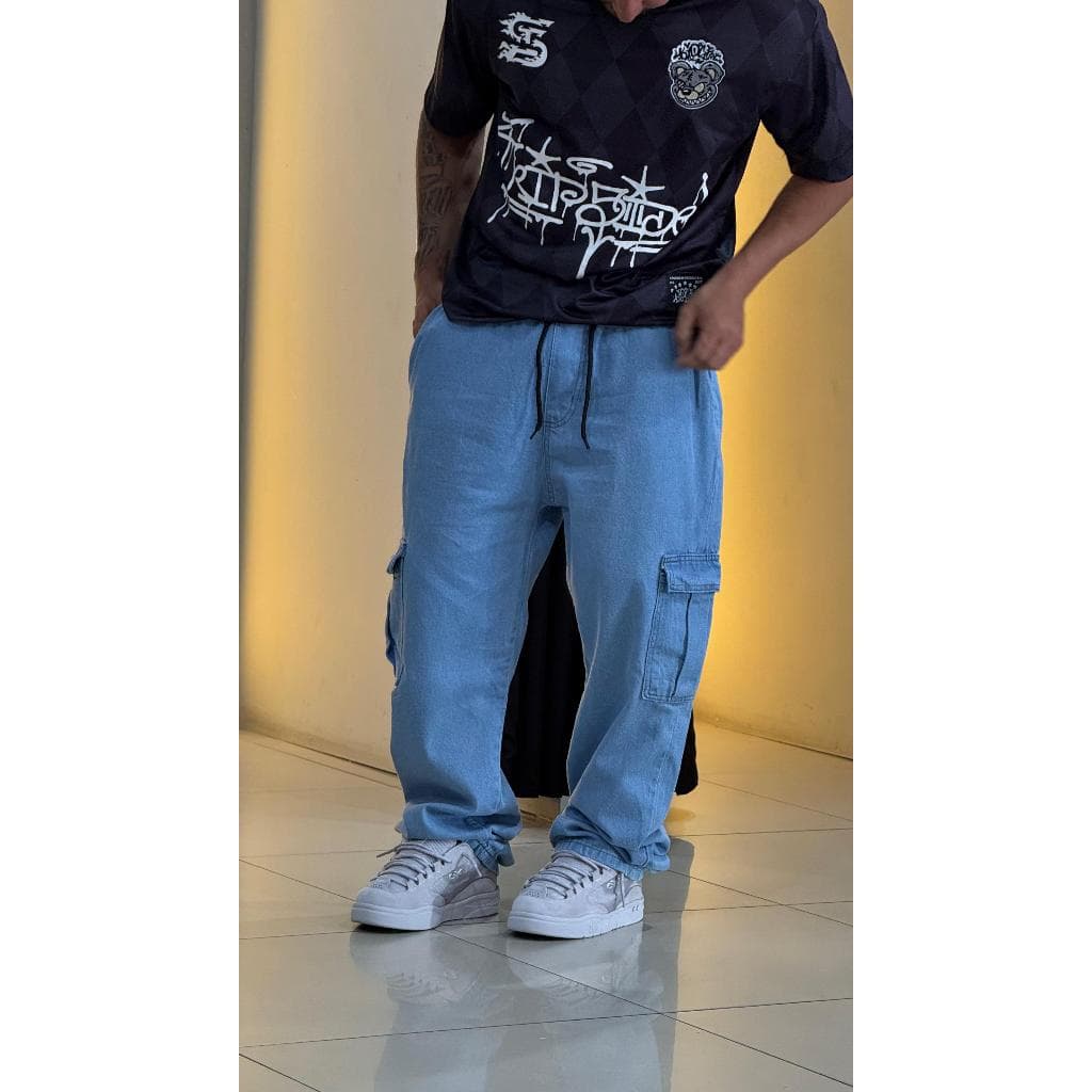 Calça Cargo larga masculina feminina 6 bolsos  street skate Jeans Claro Cos Elástico