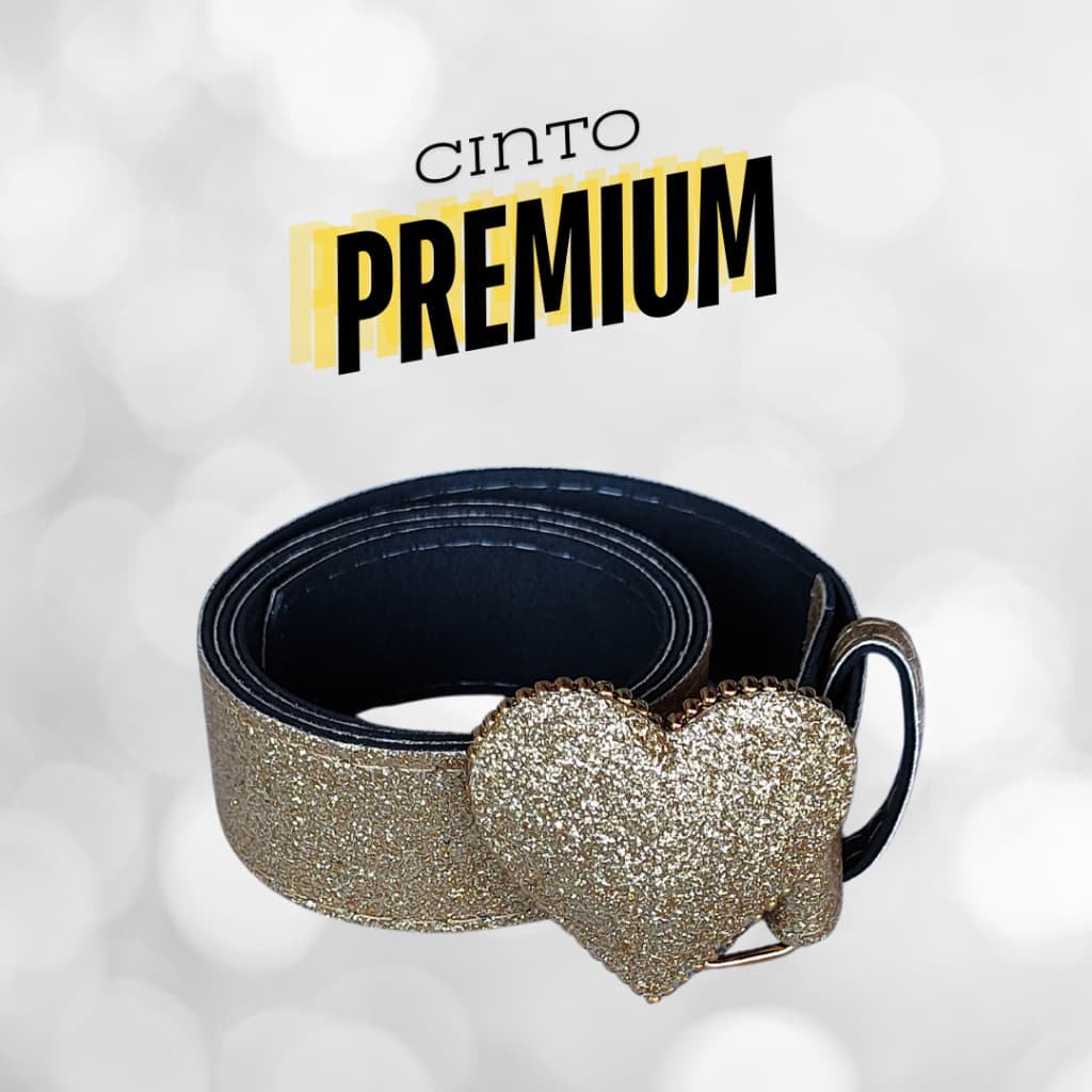 Cinto Moda Kids Infantil Premium Fivela Coração Dourado Com Brilho Glitter