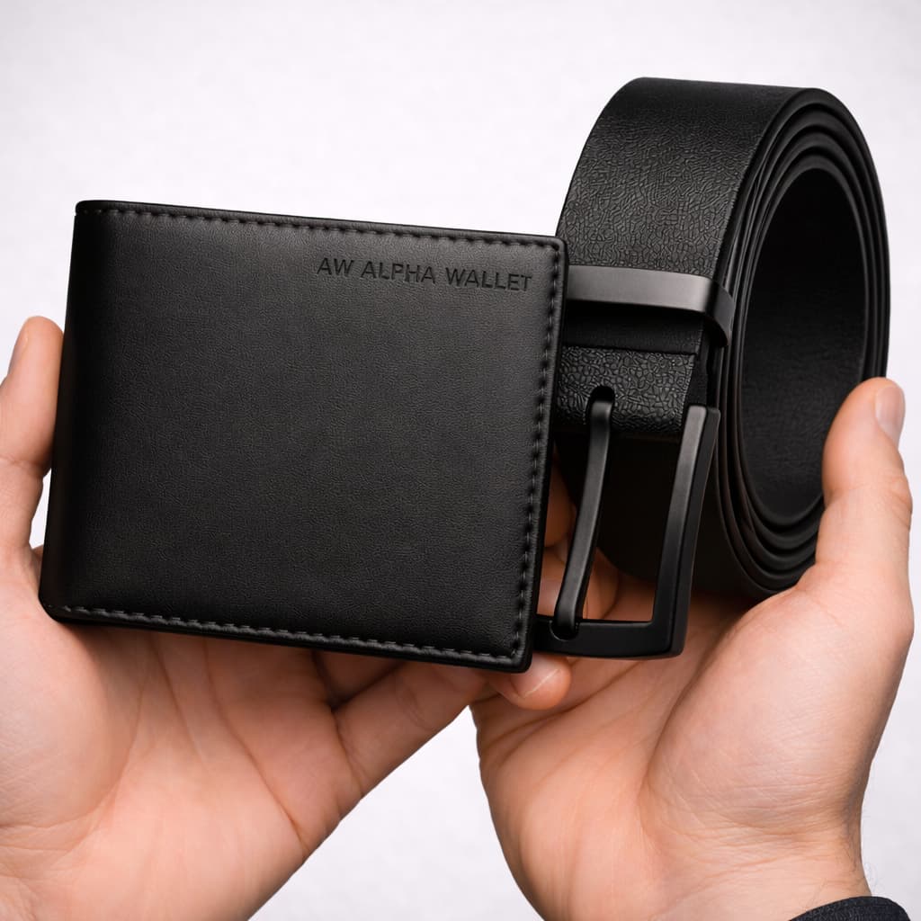 Kit Carteira Masculina Couro P.U Lisa + Cinto Couro Montana Fivela Preta