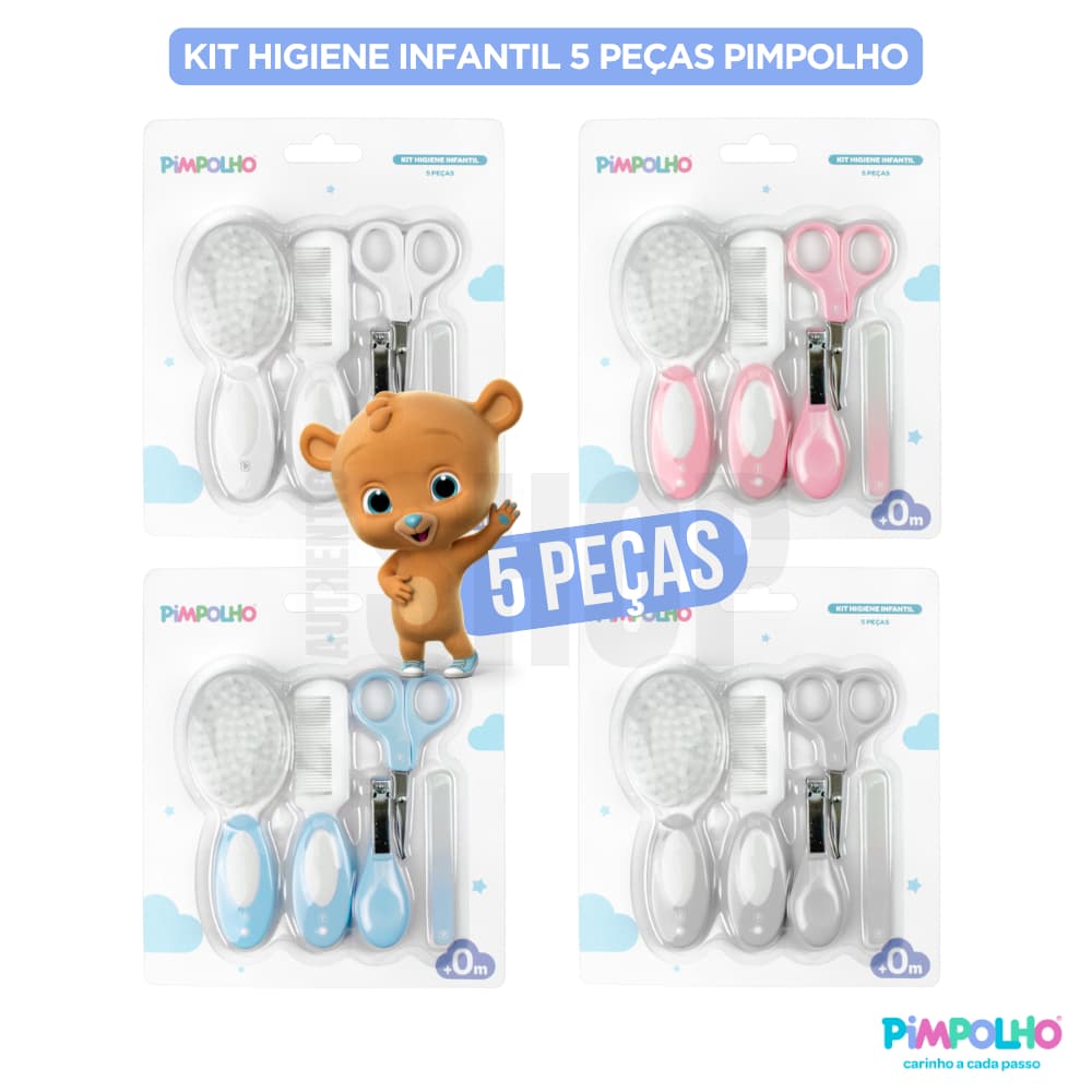 Kit Higiene Bebe Pimpolho 5 Peças Pente Escova Lixa de Unha Cortador de Unha Tesoura