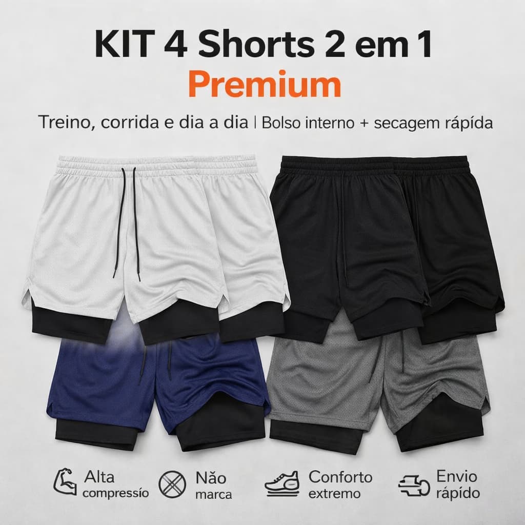 Kit 4 Shorts 2 em 1 Iron Para Academia Forrados Com Bolso Treino Esporte