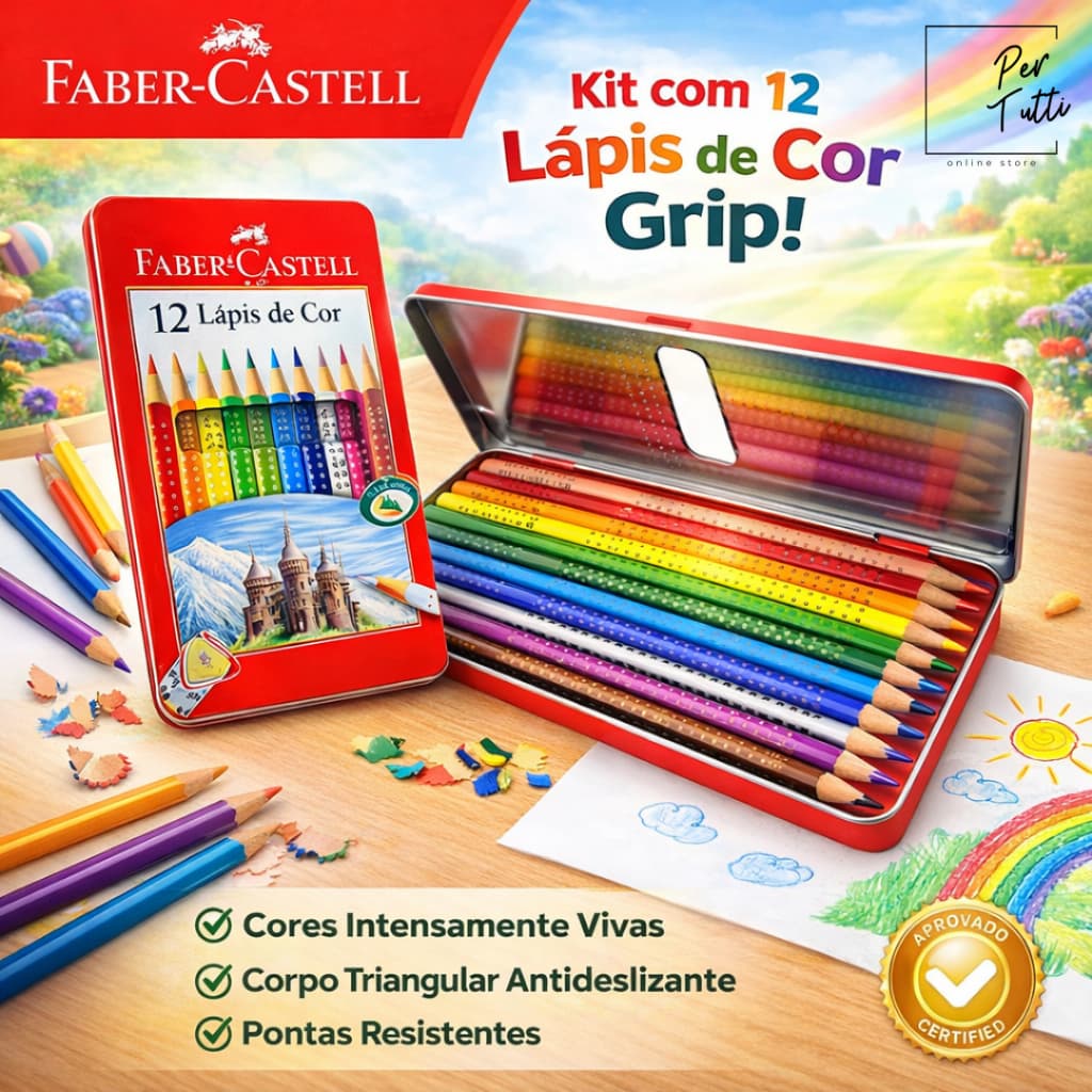 Lápis de Cor Faber-Castell Triangular 12 Cores com Grip Estojo Metálico Original