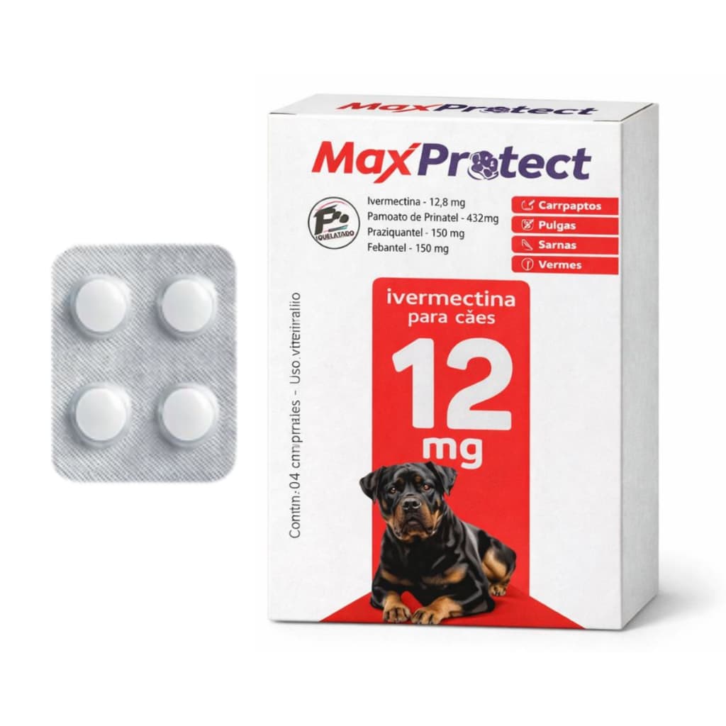 Antipulgas Carrapatos P/ Cães 30kg a 60kg - 4 Comprimidos Ivermectina 12mg