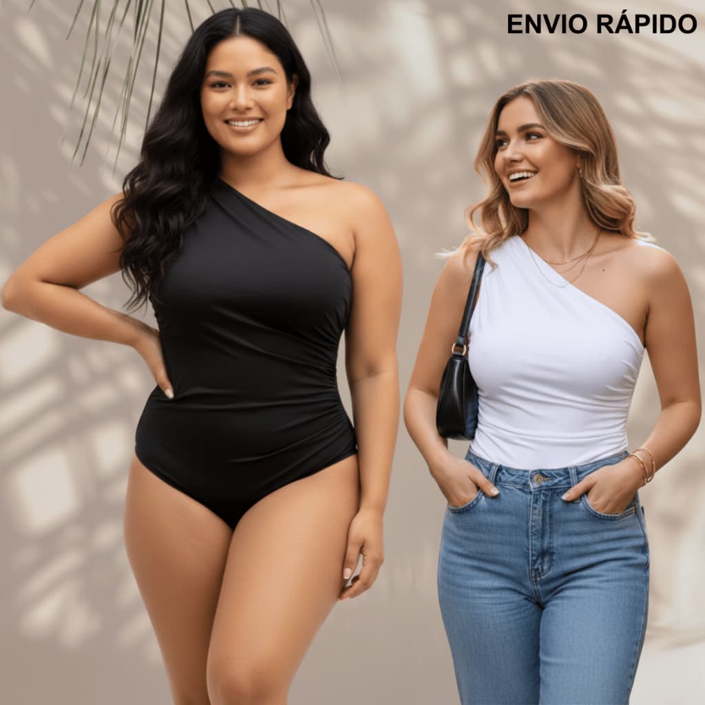 Body Feminino Um Ombro Só Franzido Mula Manca Drapeado Regata Com Forro Suplex Moda Paty Plissado