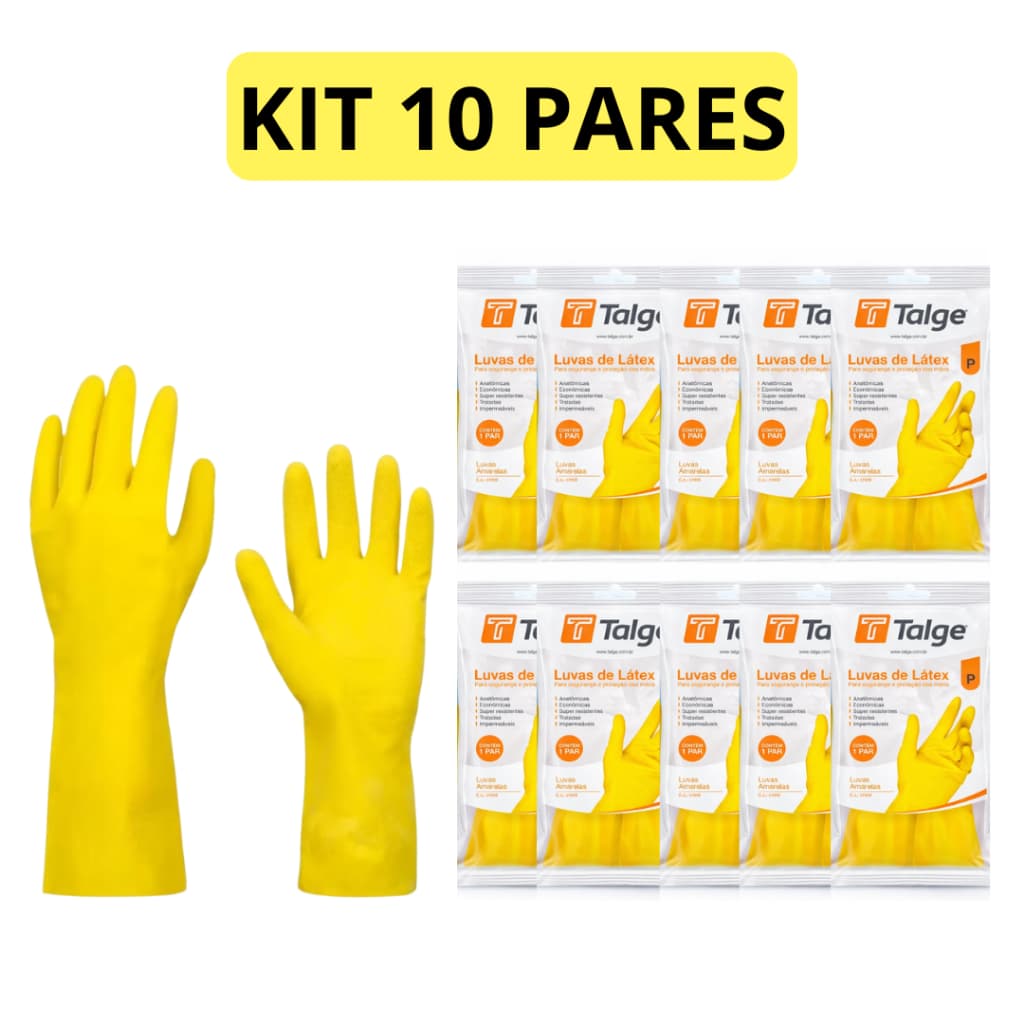 Kit 10 Luva Latex Luva Amarela Luva Limpeza Multiuso Luva de Borracha Para Limpeza