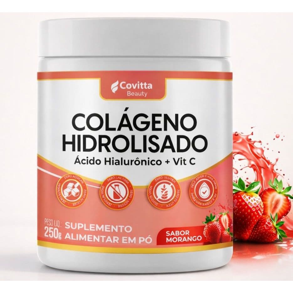 Colágeno Hidrolisado em Pó 250g | Sabor  Morango • Ácido Hialurônico • Biotina • Zinco • Vitaminas