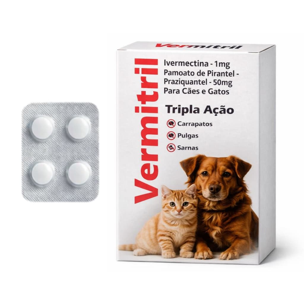 Ivermectina 1mg Vermitril P/ Cães e Gatos até 7,5kg - 4 Comprimidos Antipulgas
