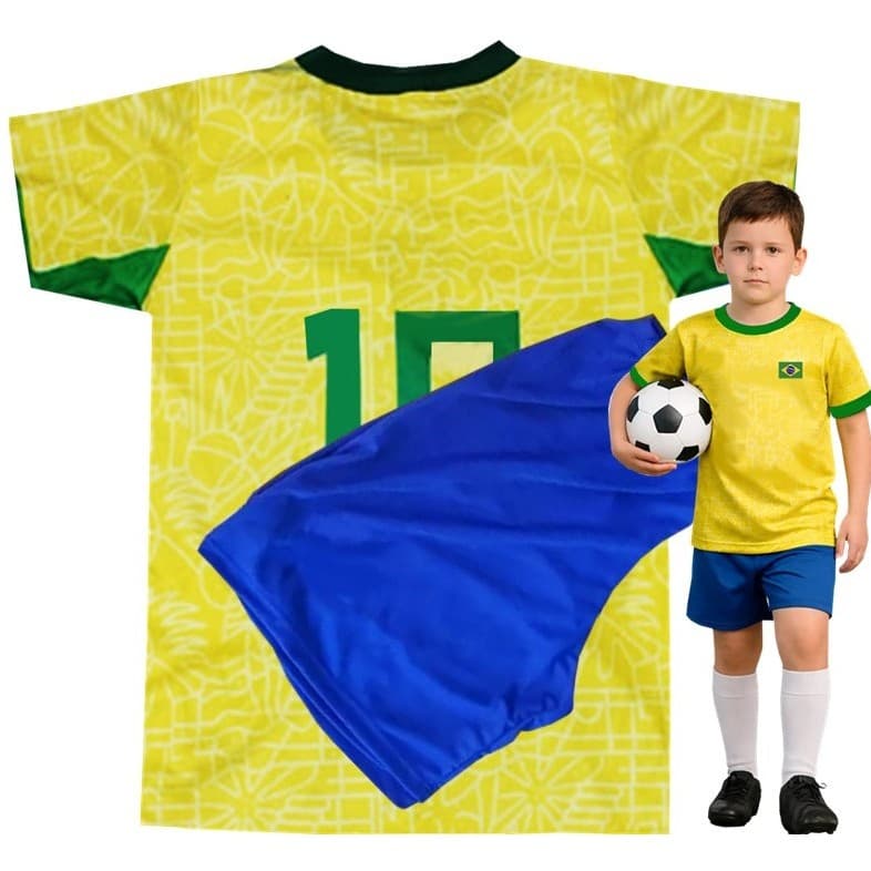 Conjunto Kit Camiseta e Shorts Juvenil Infantil Unissex Chute Inicial Torcedor Bandeira Brasil