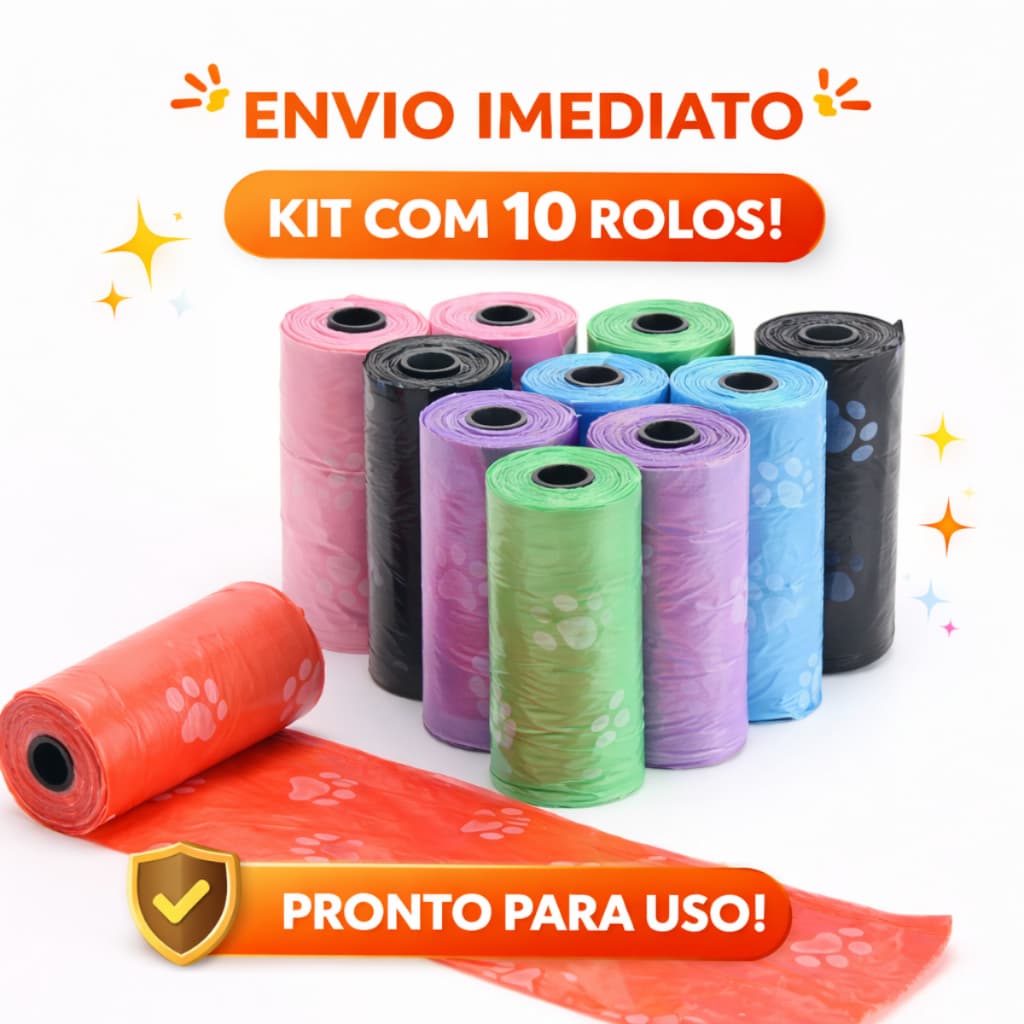 Kit 10 Rolinhos Saquinho Cata Caca Coco Cachorro Pet Lixo Refil Gato Higienico