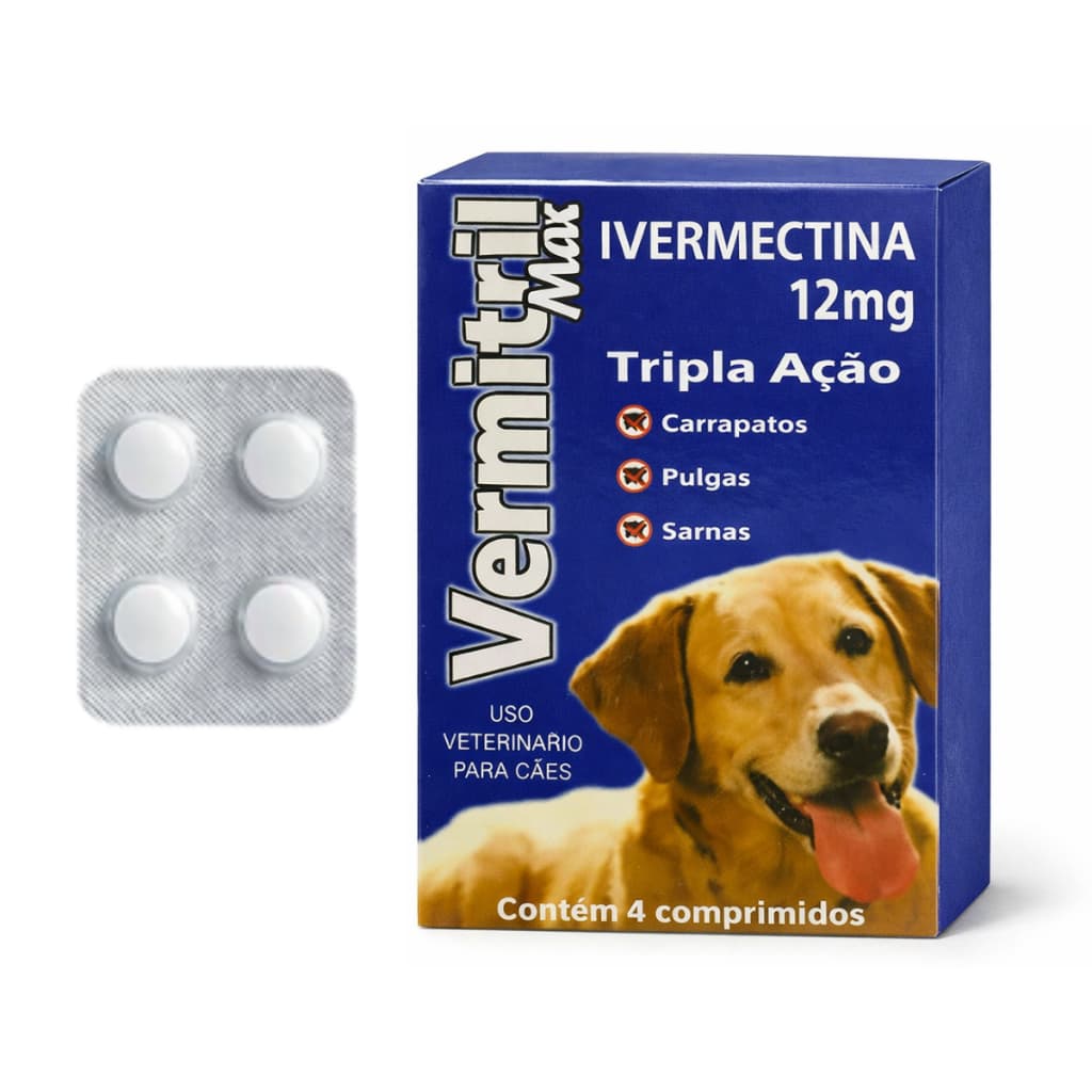 Ivermectina 12mg P/ Cães Grandes de 30kg a 60kg - 4 Comprimidos Antiparasitários