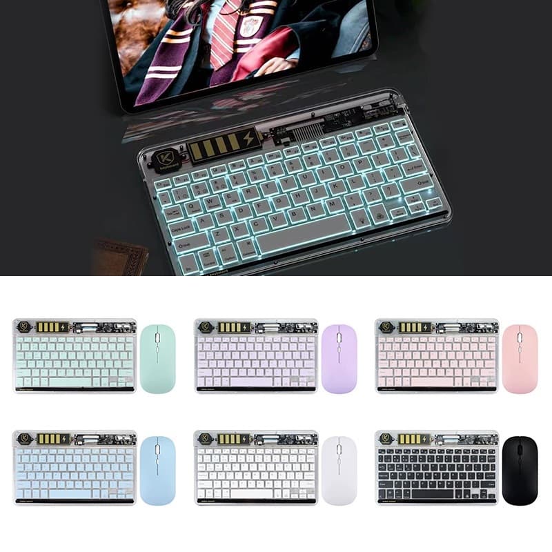 Kit Teclado + Mouse Sem Fio - Transparente RGB & Branco (Bluetooth/USB)-H4
