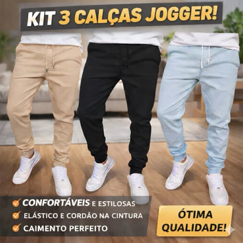 Kit com 3 Calças Masculinas Jogger Slim Fit Com Cordão e Elástico