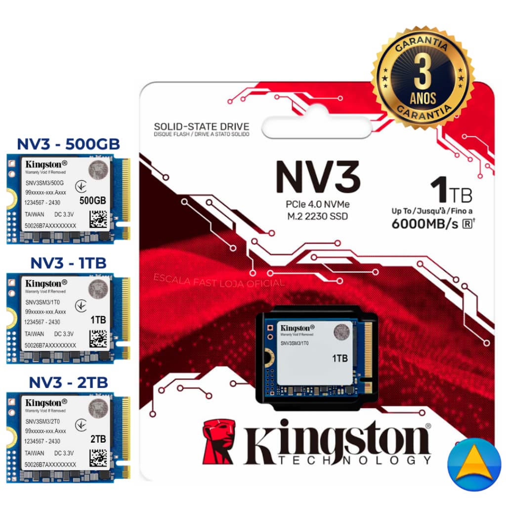 SSD NVME Mini M.2 Kingston 500GB/ 1TB /2TB e 4TB NVMe PCIe 4.0 - SNV3S Para Notebook e PC Original
