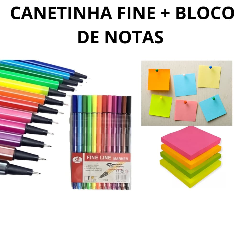 KIT canetinha fine ponta fina colorida +bloco de notas oferta