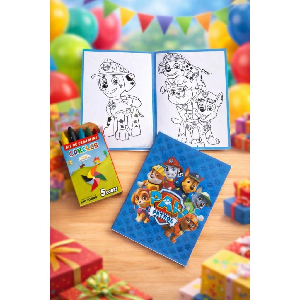 Kit Livrinho para Colorir Patrulha Canina Infantil com Giz de Cera Festa Aniversário