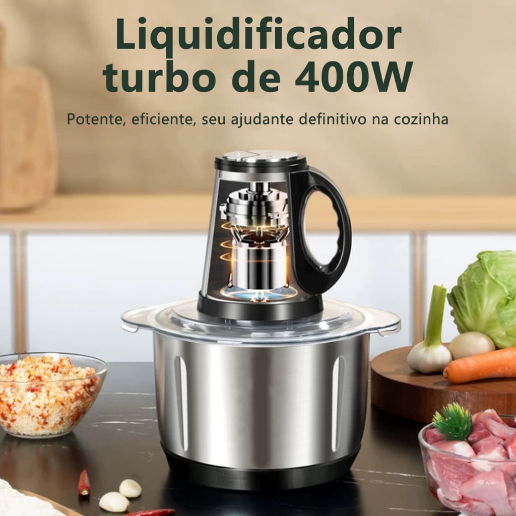 Processador 3L Potente | Moedor de Carne e Picador de Legumes e Temperos | Copo Inox | 110V/220V
