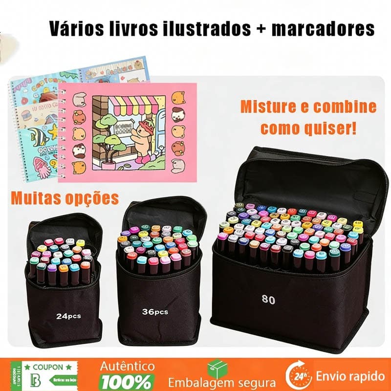 Kit Marcador Ponta Dupla 24/36/48/60/80 Cores + Livro De Colorir Capa Dura 50 Pgs Belifou Papelaria