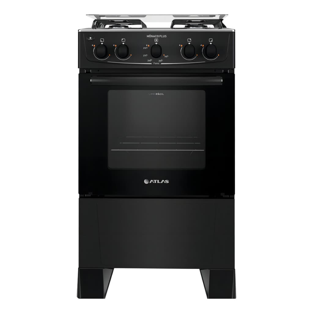 Fogão 4 Bocas Atlas Mônaco Plus Preto Com Mesa Inox E Acendimento Automático Bivolt