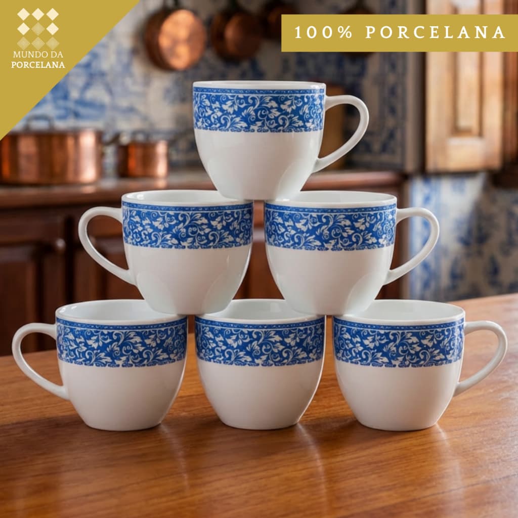 Jogo Xícara Café Chá Porcelana Floral Decorada Azul e Branca 170ml