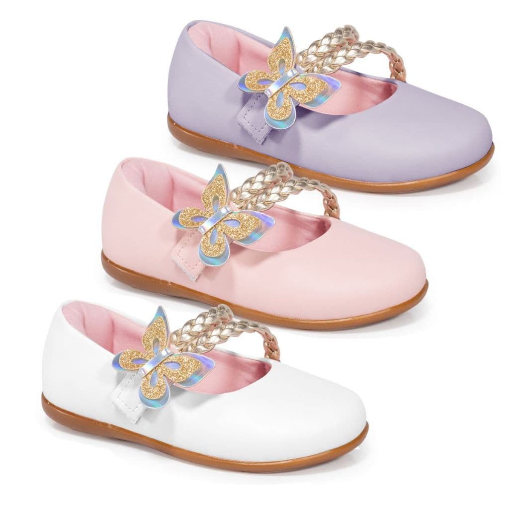 Sapatilha Infantil Menina Bebê Delicada Leve Macia Confortável Borboleta Glitter Branca Rosa Violeta