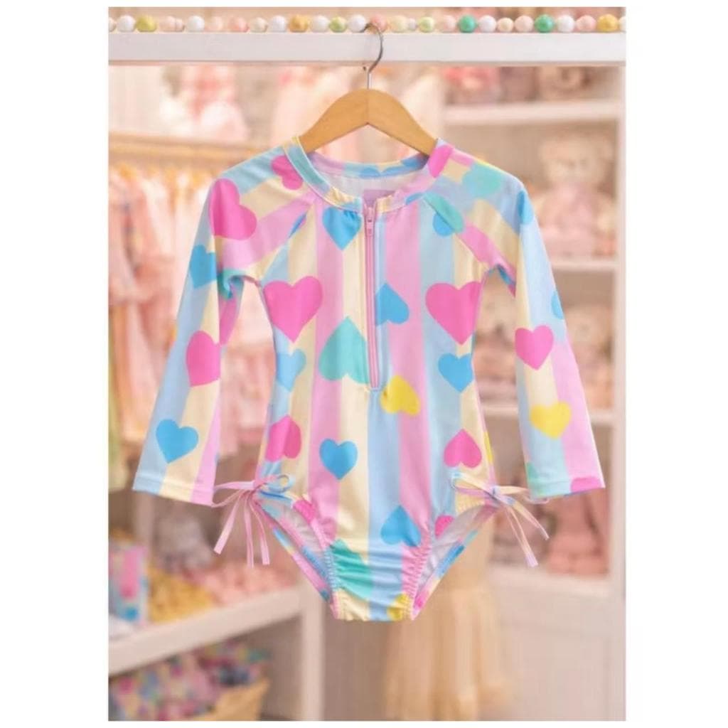 Maiô Infantil Manga Longa Corações Candy Color