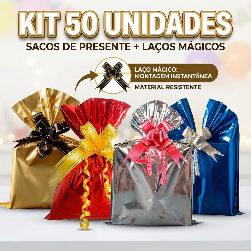 Kit 50 Sacos de Presente + 50 Laços Mágicos para Presentear Decoração Festas e Lembrancinhas