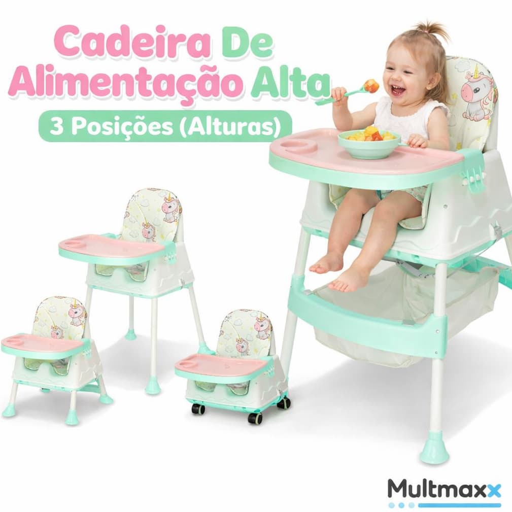 Cadeira de Alimentação Infantil 3 Alturas Cadeirinha Bebê Portátil Unicórnio Rosa Menina Multmaxx