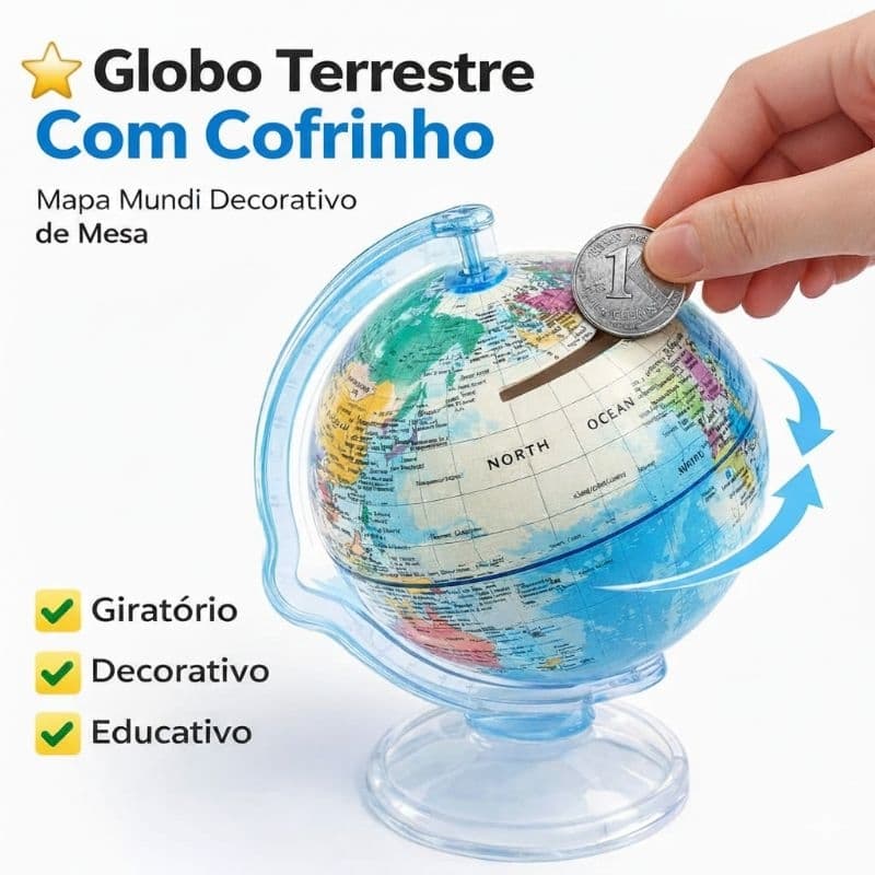 Globo Terrestre De Mesa Mapa Mundi Giratório gira 360 Graus Cofrinho moedas Escolar Decoração Volta as aulas
