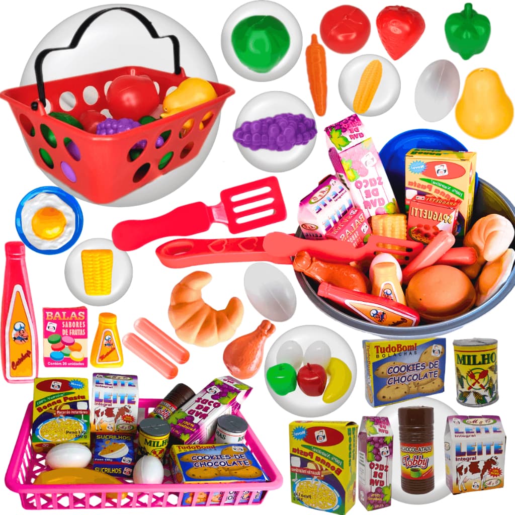 Kit Comidinhas De Brinquedo Frutas Frigideira e Mini Mercado