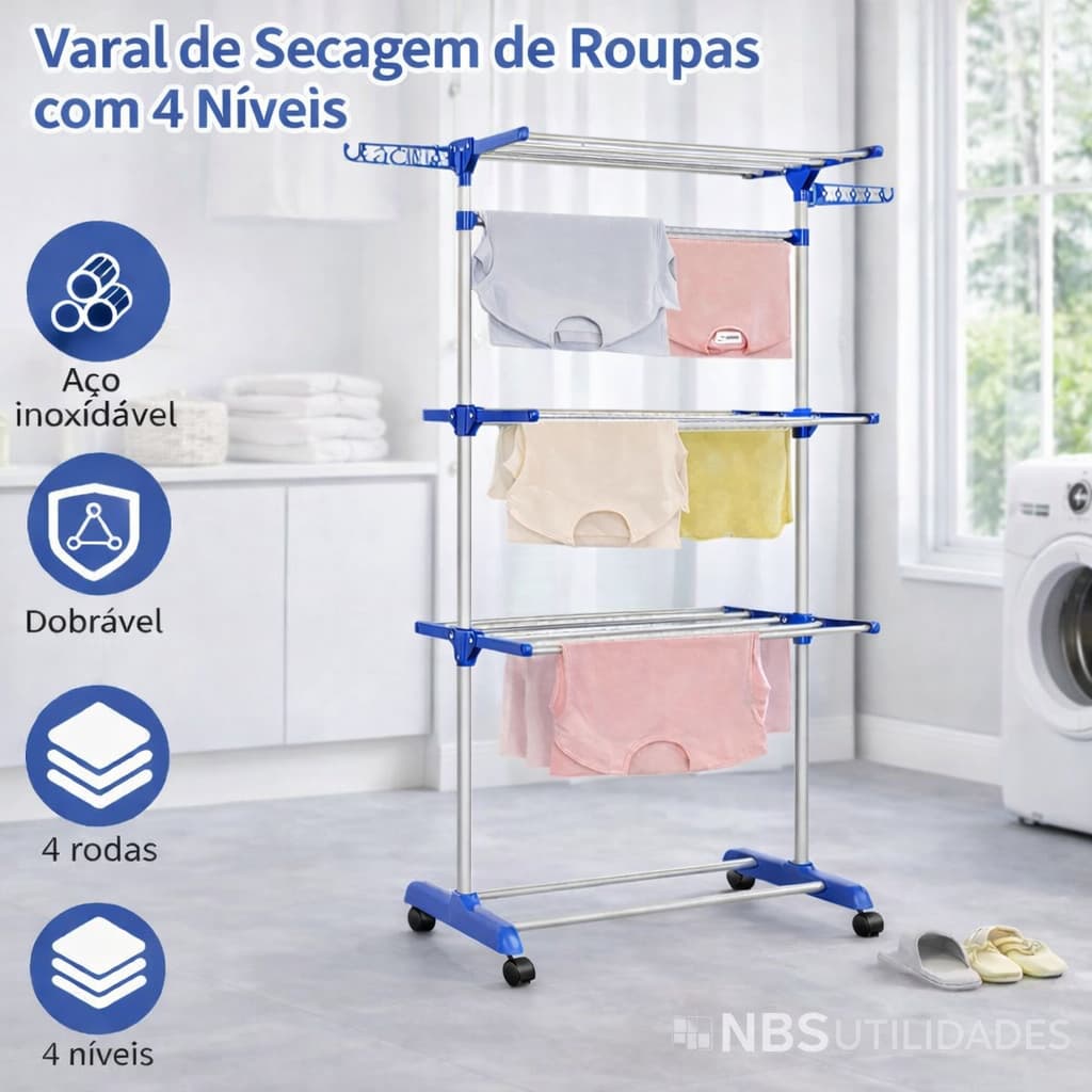 Varal de Secagem de Roupas – Dobrável com Rodas