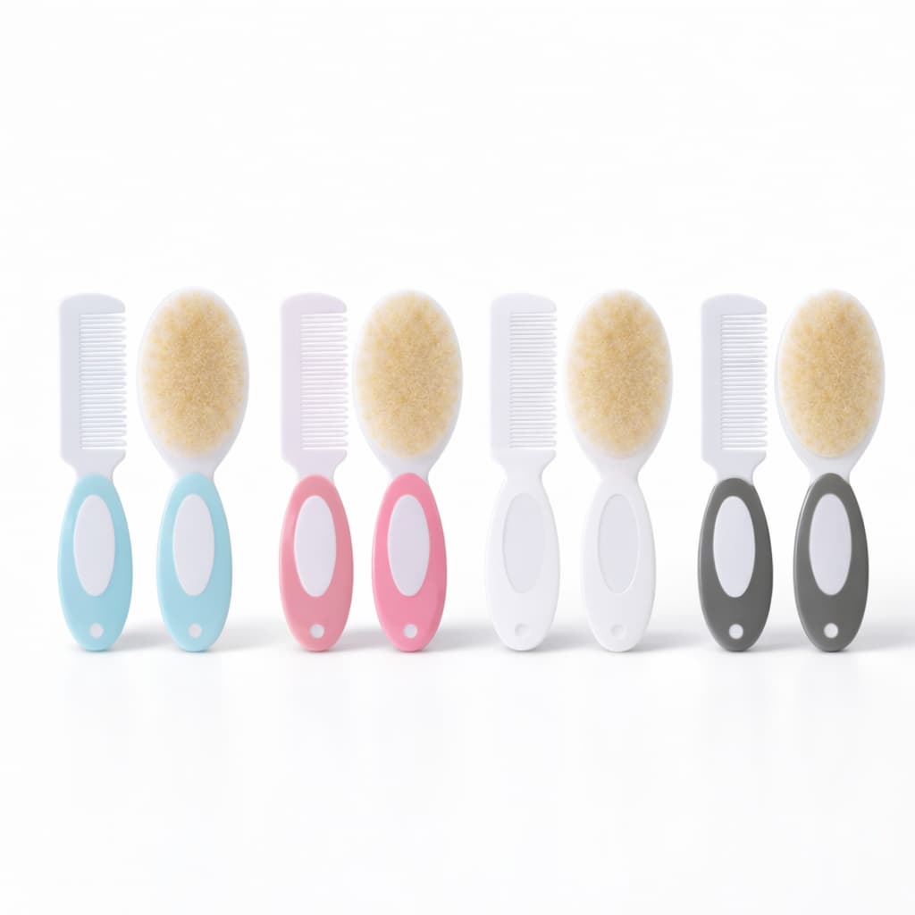 Kit Pente e Escova p/ Bebês Azul Rosa Branco Cinza Cerdas Naturais Macias Cuidado Bebe
