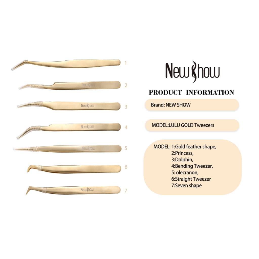 New Show Pinça para Extensão de Cílios Curva e Reta/Superfície Dourada Brilhante-Alta Precisão 