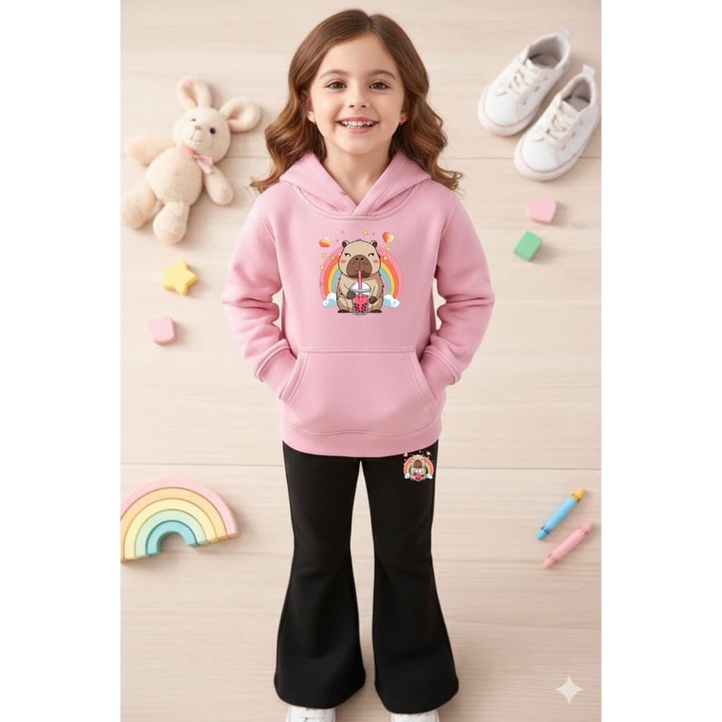 Conjunto Blusa Moletom Infantil e Calça Flare Feminina Capybara Fofinha Volta as Aulas Pink 2026
