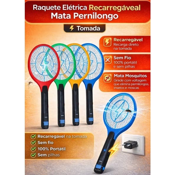 Raquete Eletrica Recarregável Mata Pernilongo, Mosquito