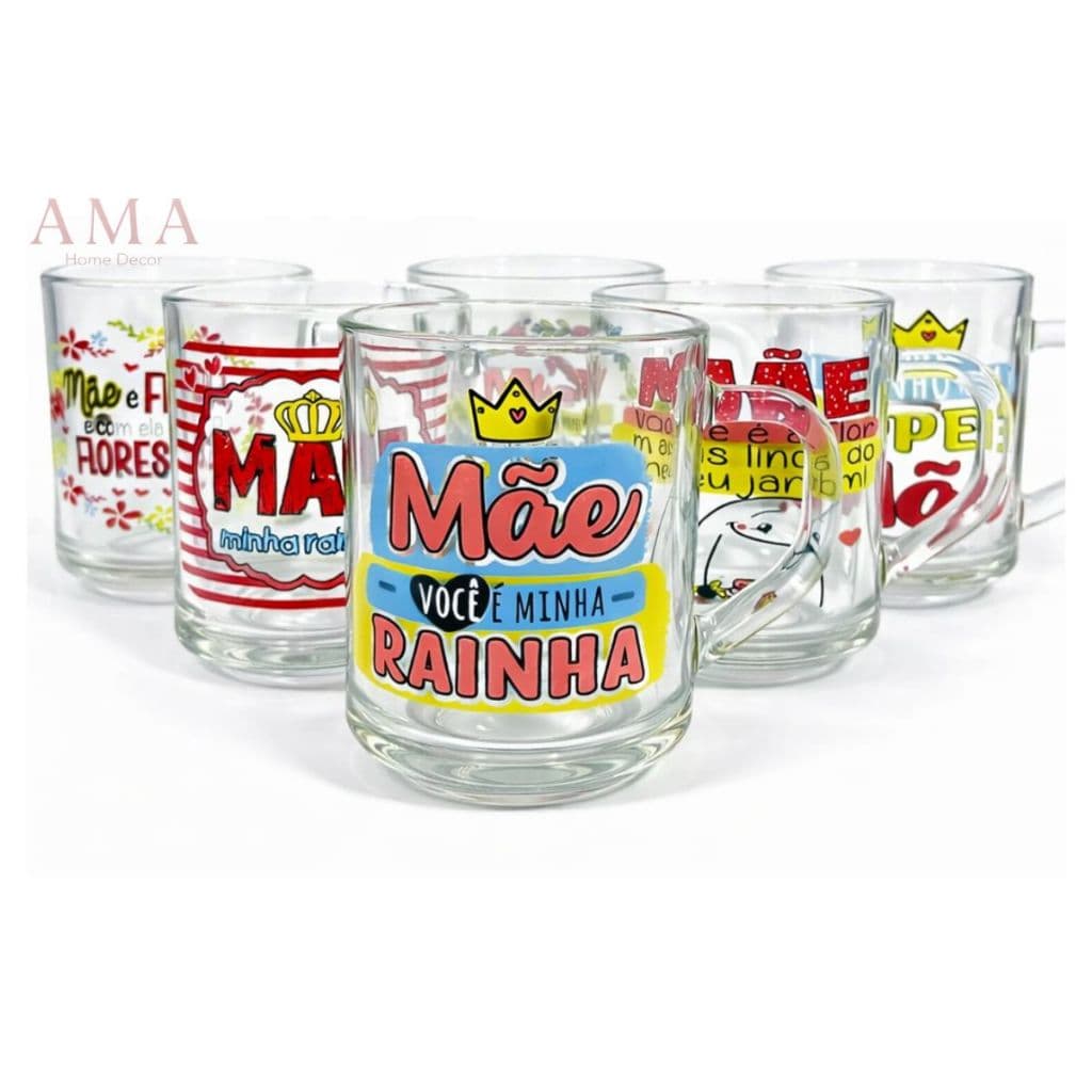Kit 6 Canecas Vidro 250ml Decoradas Mães Sortidas, Ideal Para Cestas, Kits Presentes, NEW COFFEE