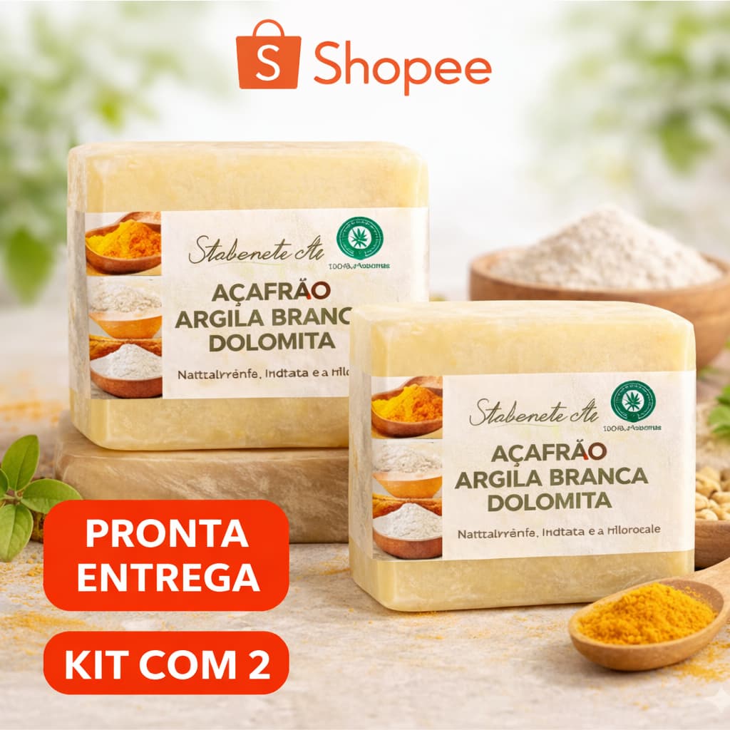 Kit com 2 Sabonetes Naturais Açafrão Argila Branca e Dolomita - Clareador Antiacne, Foliculite, Depilatorio