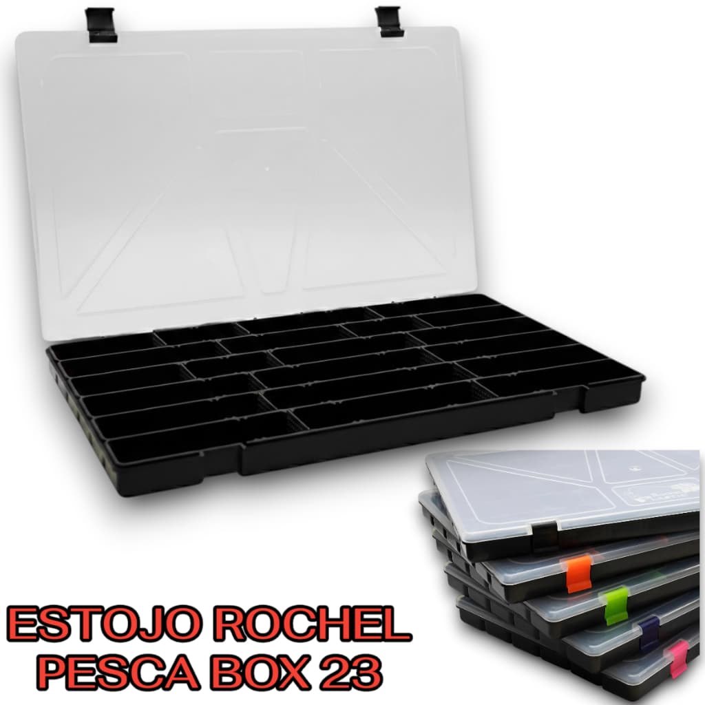 Estojo Rochel Pesca Caixa De Iscas Box 23 Preto Tampa Transparente 22 Div e Divisorias e Travas Coloridas