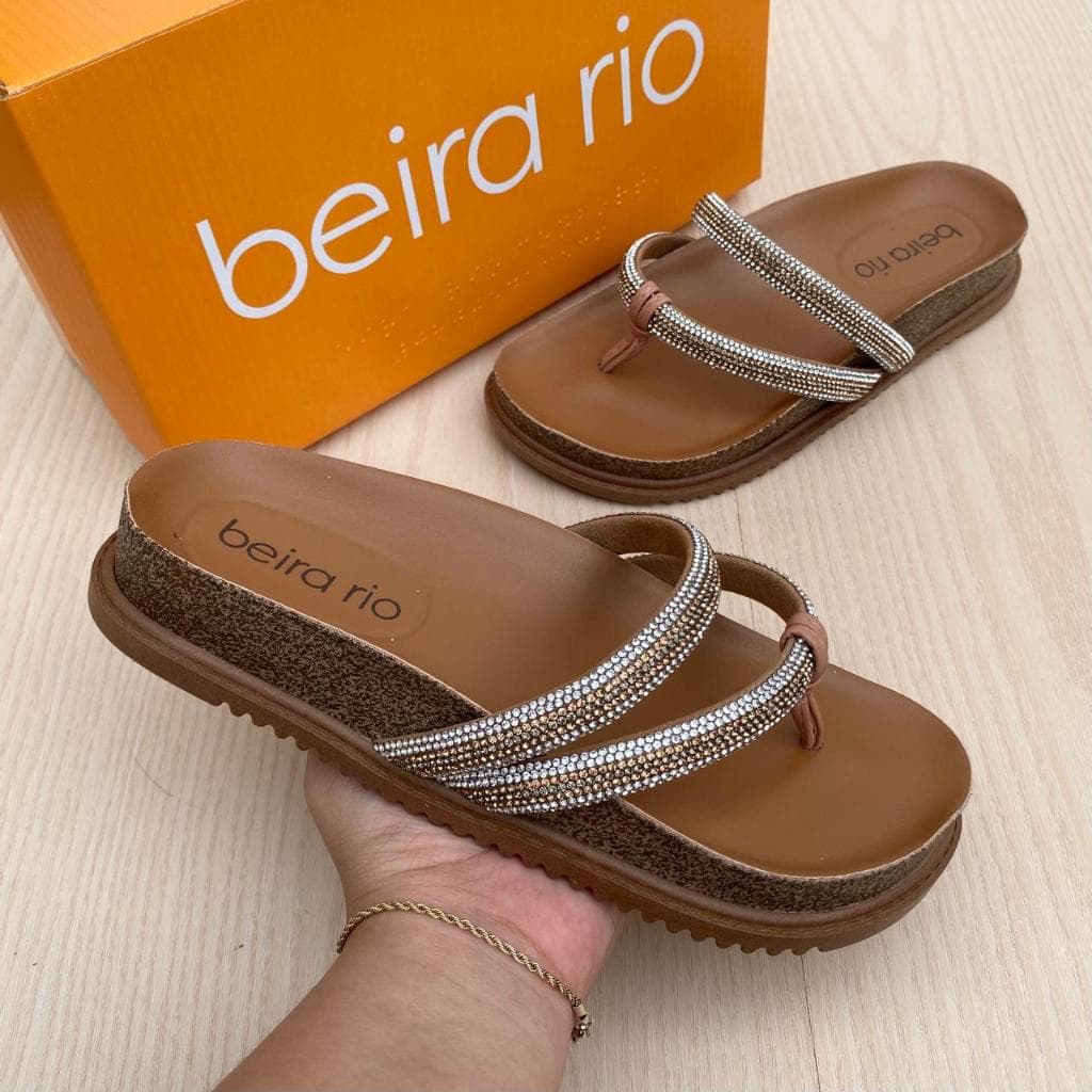 Sandália Papete Feminina Beira Rio Tiras Strass Brilho Confortável Acolchoada Tratorada
