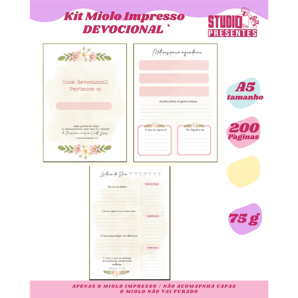 kit com 3 miolos impressos DEVOCIONAL tinta pigmentada 200 paginas tamanho a5 / 3 unidades por kit