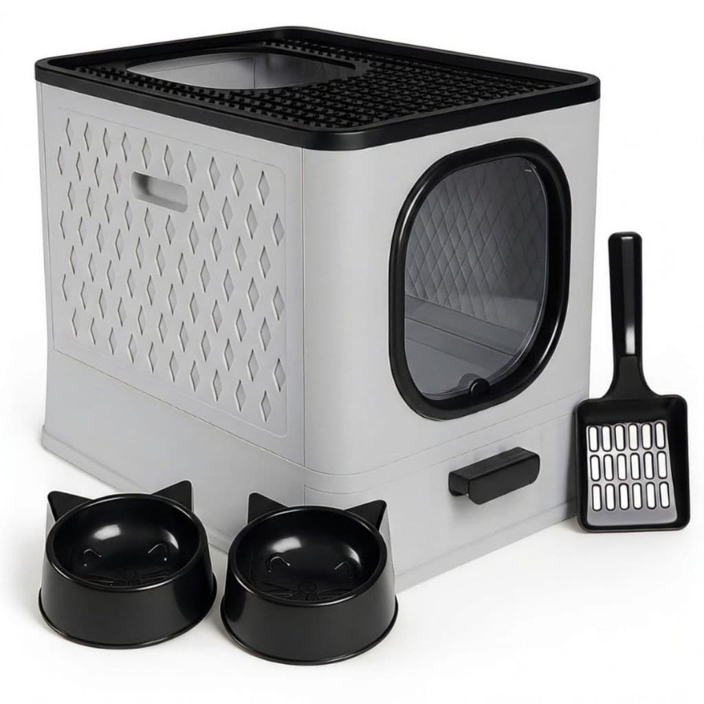 Caixa de Areia Fechada Para Gatos Banheiro Higiênico Luxo Porta Transparente + Pá + 02 Comedouros