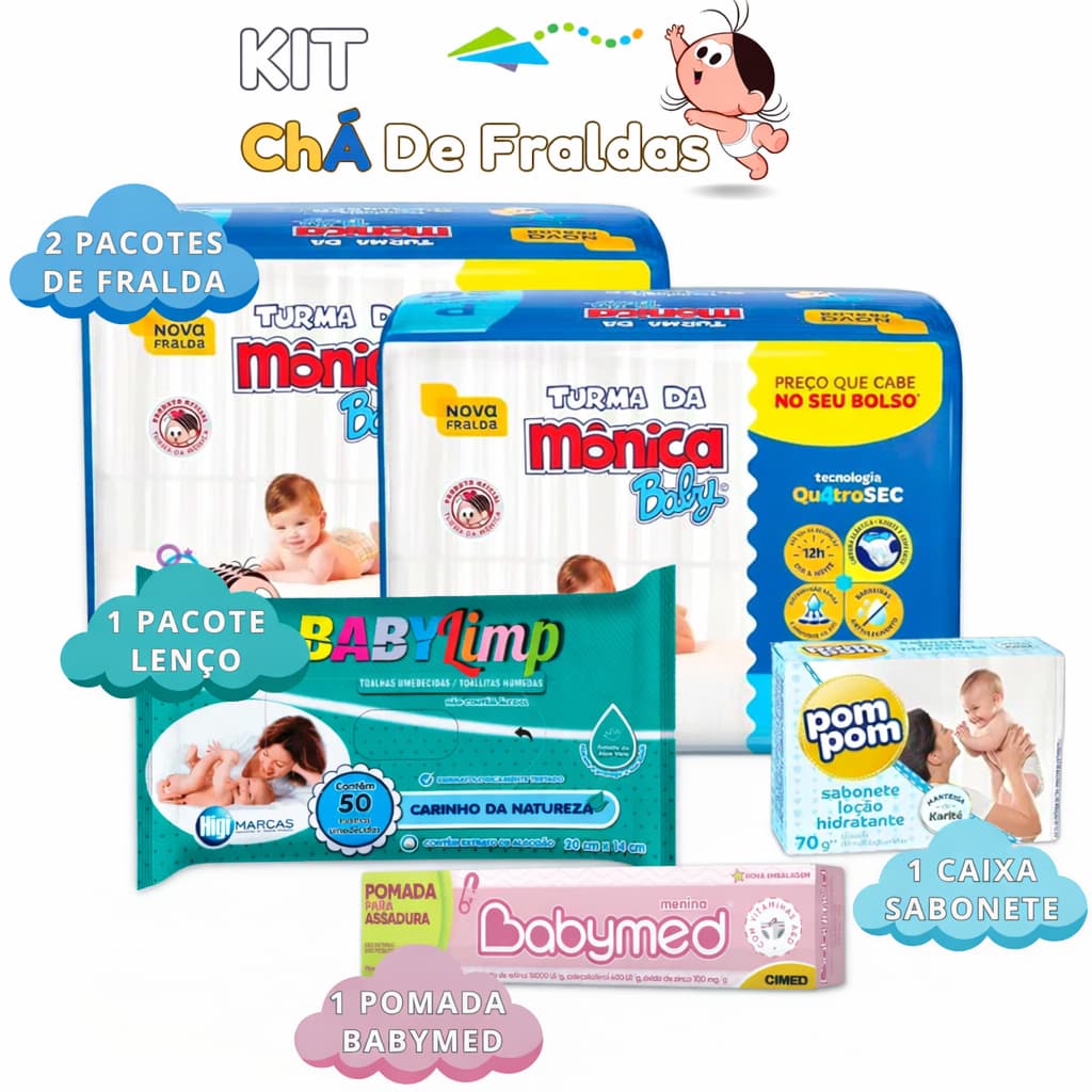 Kit Chá de Bebê Completo: 2 Fraldas Descartáveis + Lenço + Pomada + Sabonete